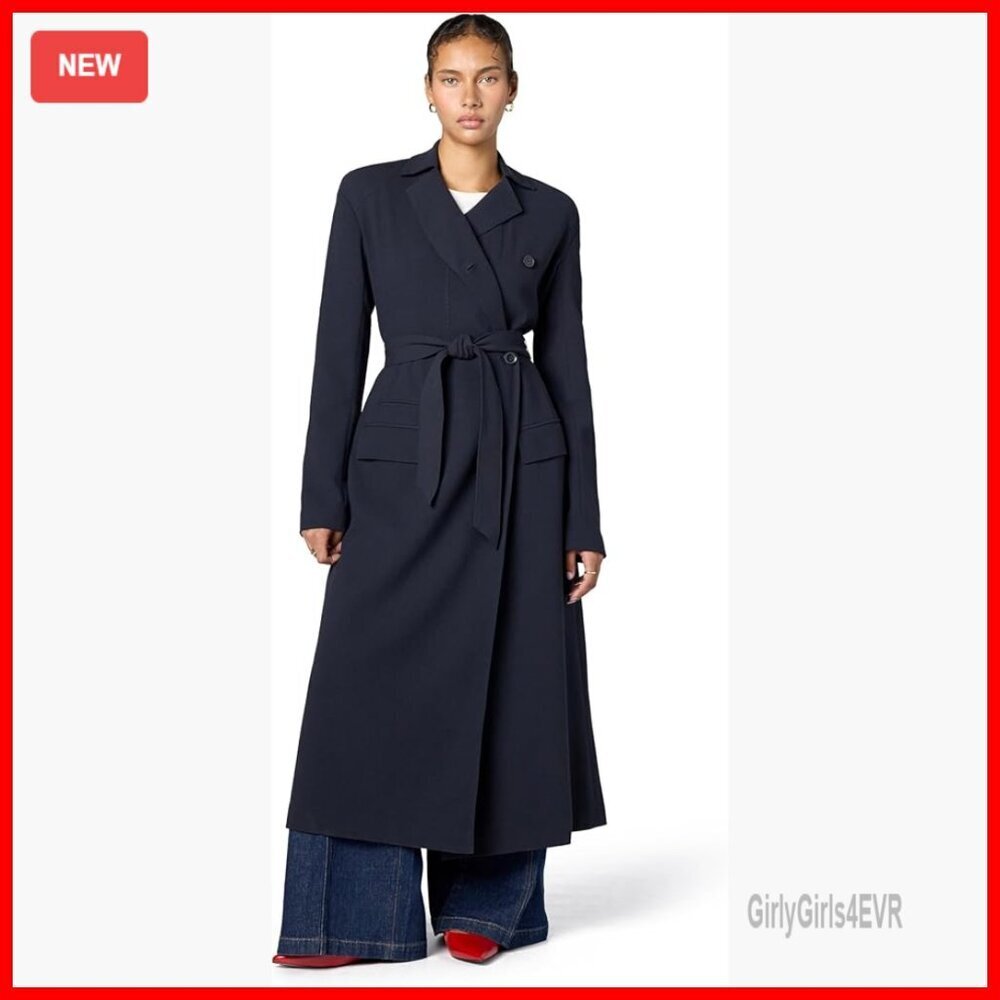 Slim Fit Trench Coat Long Sleeve Lapel Collar Belted Navy Polyester Blend